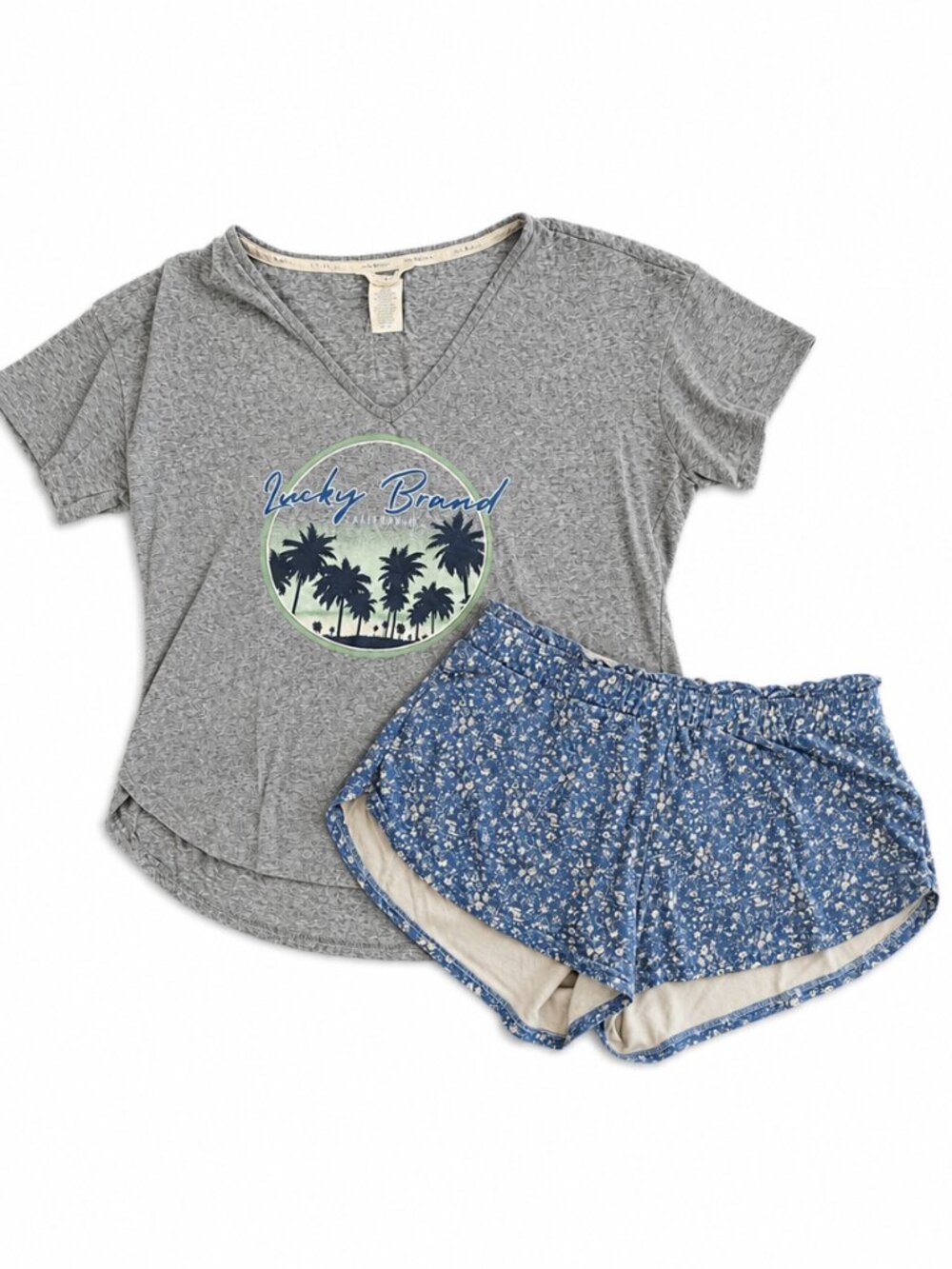 Lucky Brand Women’s Pajama Set S Gray Tee Blue Floral Shorts